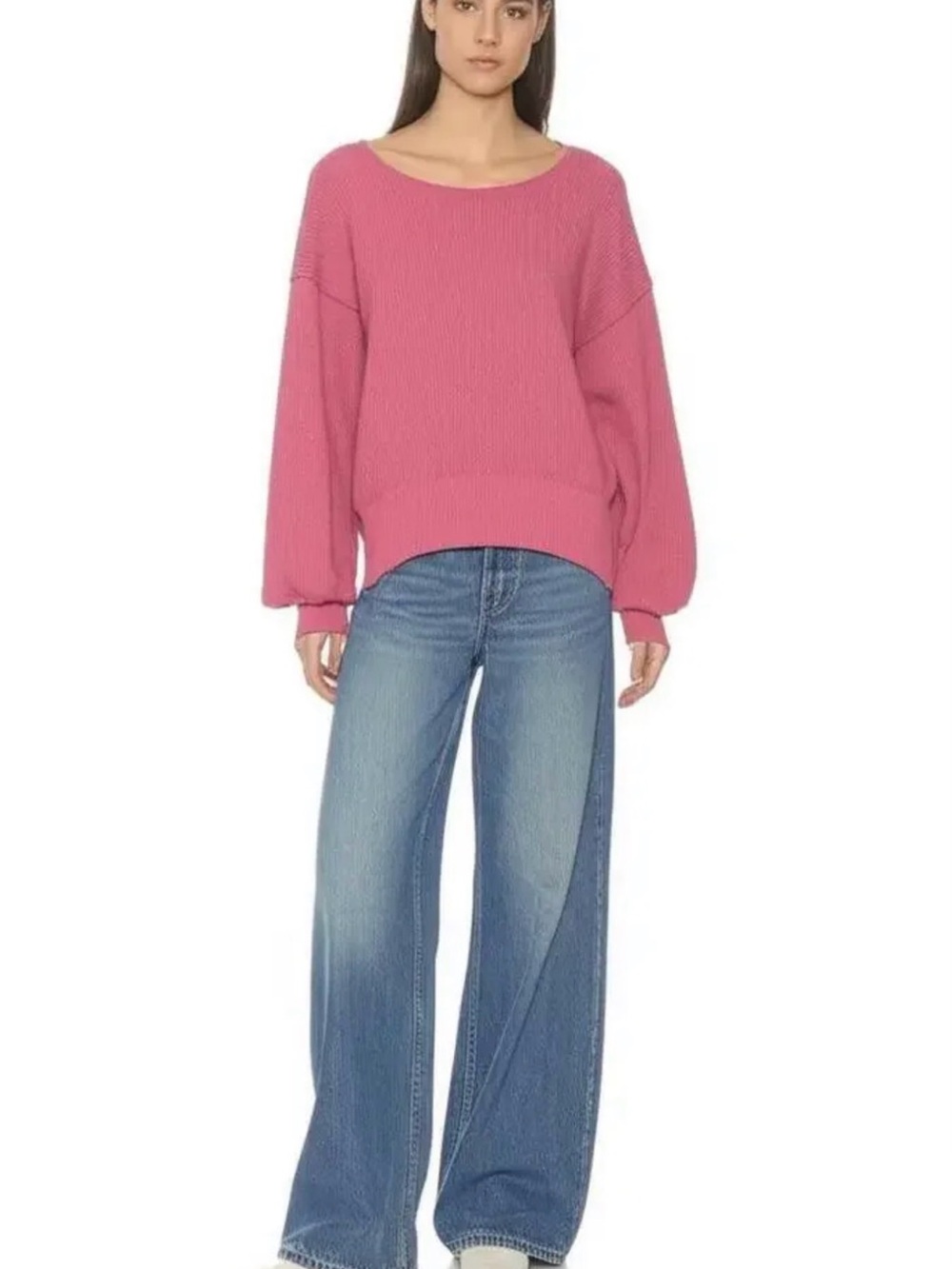 Free People Pink Ribbed Balloon-Sleeve Sweater